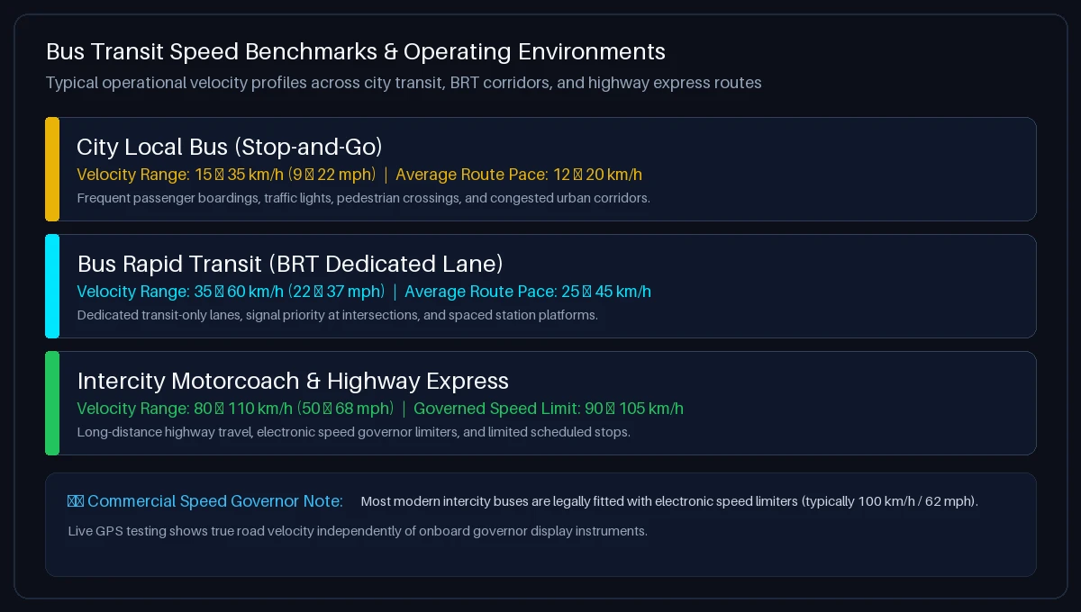 Bus transit speed benchmarks comparing city local buses, BRT dedicated lanes, and highway express motorcoaches