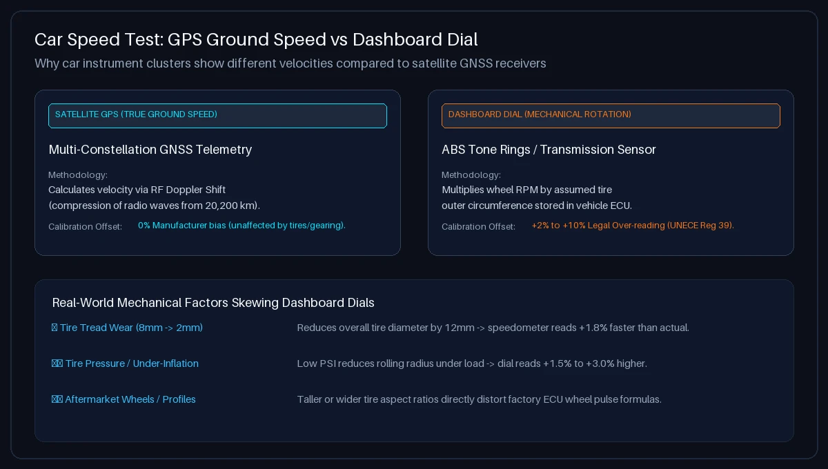 Diagram comparing car GPS ground speed calculations against transmission ABS wheel rotation sensors and tire wear factors