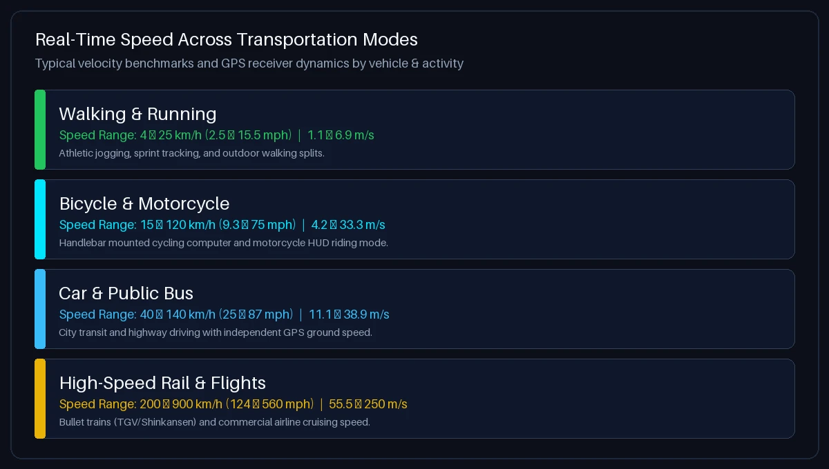 Speed benchmarks across transportation modes comparing walking, bicycle, car, train, and aircraft velocities