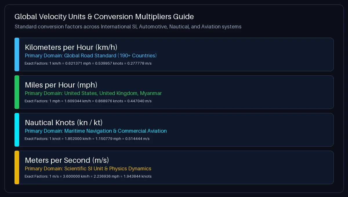 Global velocity units and conversion multipliers guide showing km/h, mph, knots, and m/s applications