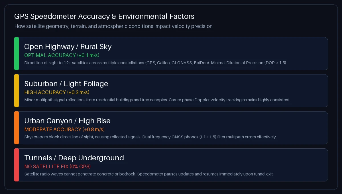 Environmental and satellite factors influencing GPS speed accuracy including urban canyons, foliage, open highway, and tunnels