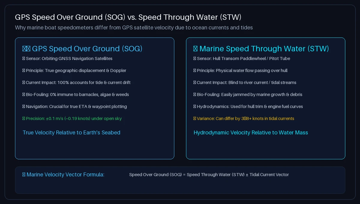 Comparison between GPS Speed Over Ground and marine paddlewheel Speed Through Water showing ocean current and tidal drift effects