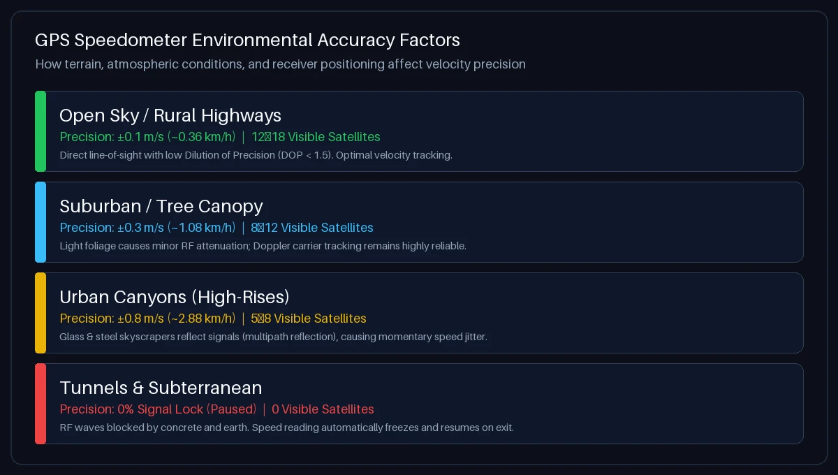 Environmental accuracy factors for GPS speedometers comparing open sky, tree canopy, urban canyons, and tunnels