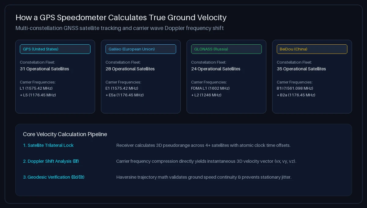 Multi-constellation GNSS satellite tracking architecture showing GPS, Galileo, GLONASS, and BeiDou frequencies and velocity calculation pipeline