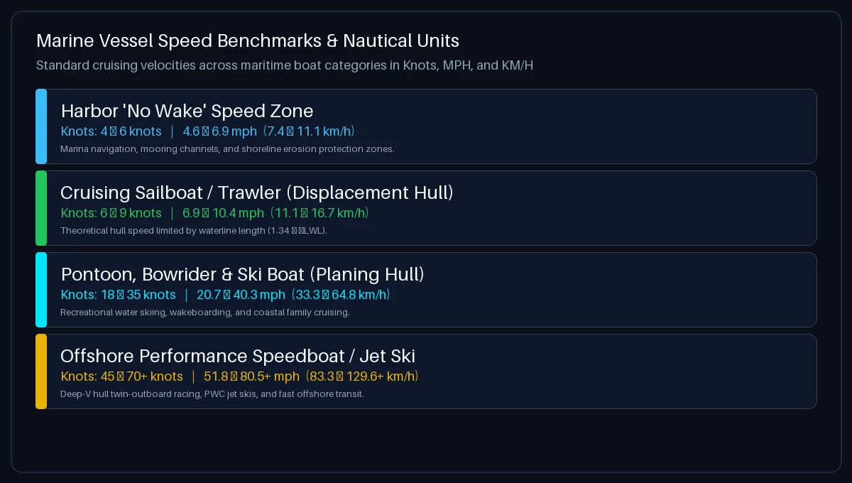 Marine vessel speed benchmarks and nautical units guide showing knots, mph, and km/h across boat categories
