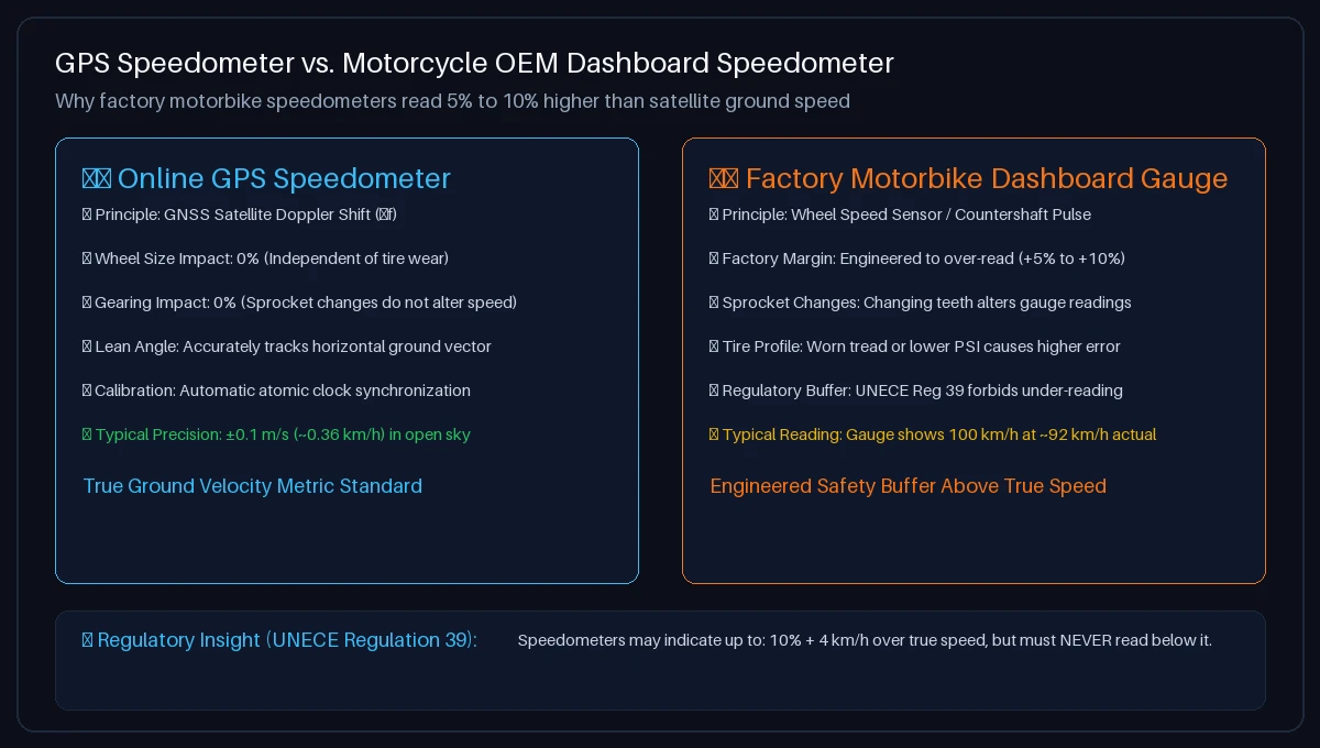 Comparison between online GPS speedometer and factory motorcycle dashboard speedometer showing Doppler ground speed vs wheel sensor over-reading