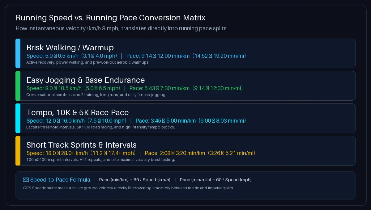 Running speed versus pace conversion matrix comparing walking, jogging, 5K race pace, and sprint intervals