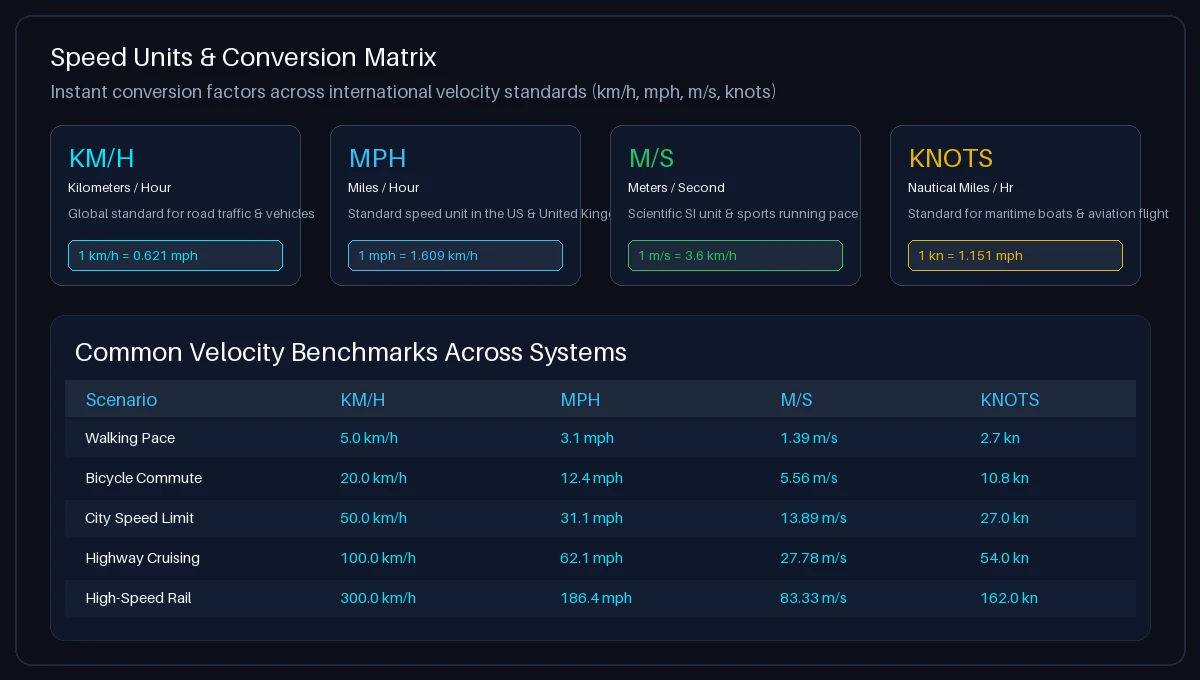 Speed measurement units conversion matrix comparing km/h, mph, m/s, and nautical knots with practical velocity benchmarks