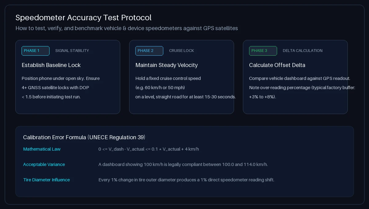 Speedometer accuracy test protocol guide showing baseline satellite lock, steady cruise calibration, and delta verification formula