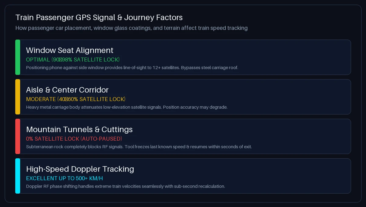 Train passenger GPS signal quality guide showing window seat reception, aisle attenuation, and mountain tunnel behavior